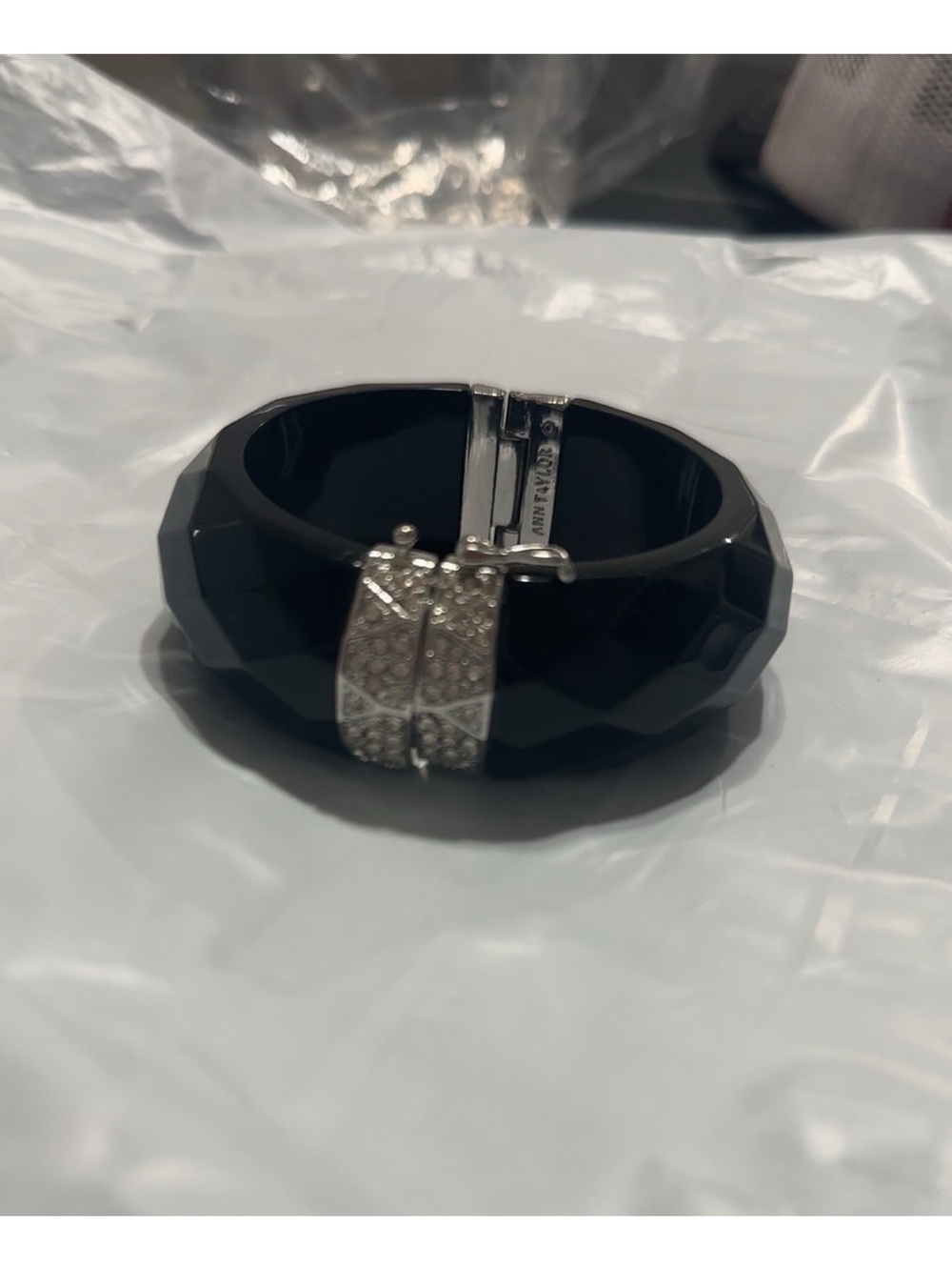 Ann Taylor Black Faceted Resin Bangle with Crystal-Embellished Clasp
